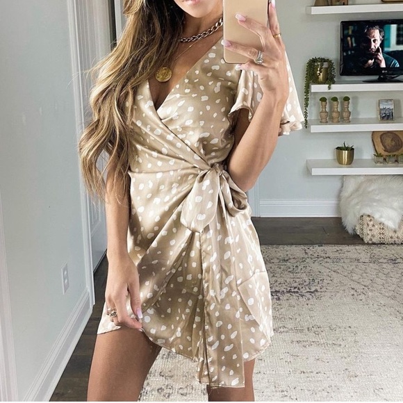 Tan and white leopard print silk wrap dress - Picture 1 of 5